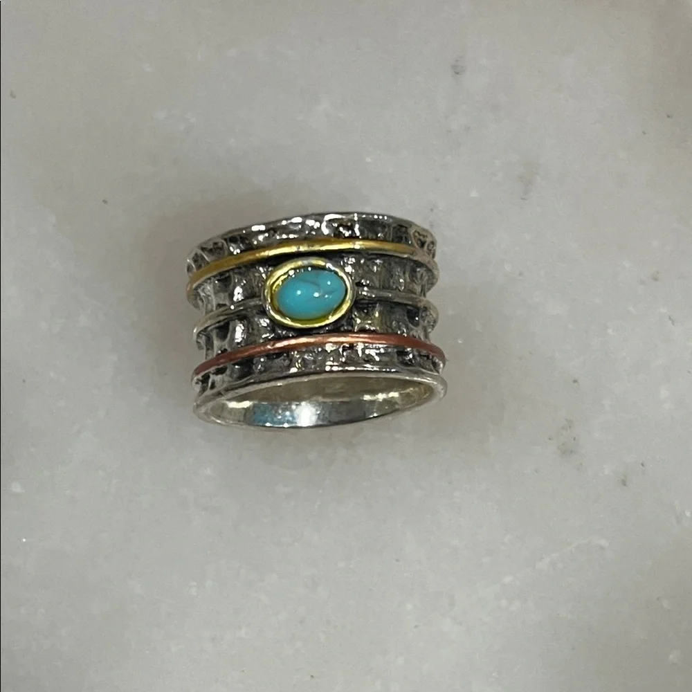 Silver and Gold Ring with Blue Turquoise Stone